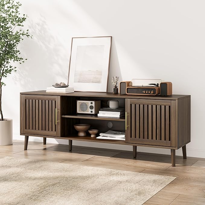 Smuxee Walnut TV Stand with Grille Striped Design, 62.99" Mid Century Modern TV Media Console for TVs up to 70", TV Cabinet with Adjustable Shelf & 2 Cabinets for Living Room