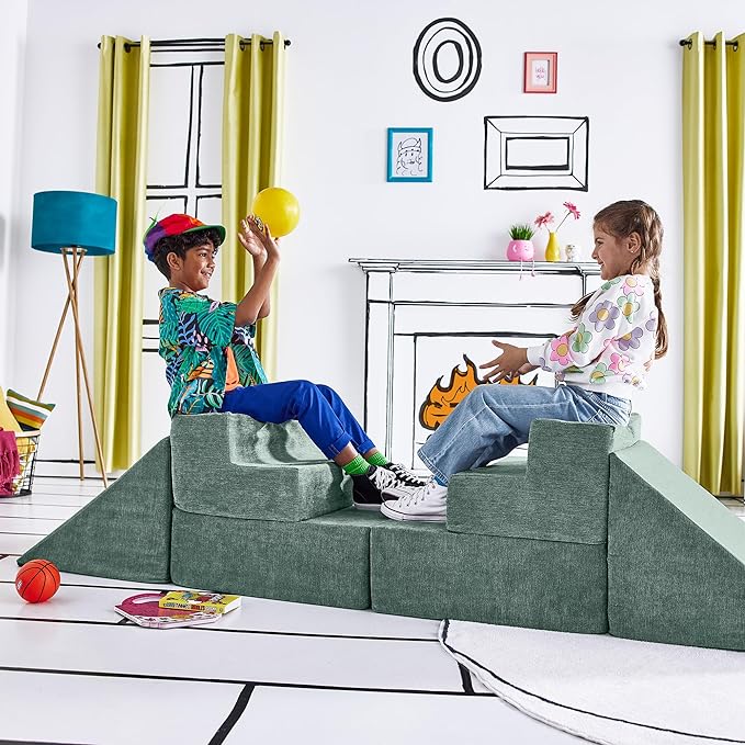 Yourigami Kids and Toddler Play Gym, Playroom Couch Set, Durable Modular Design, Green Meadows