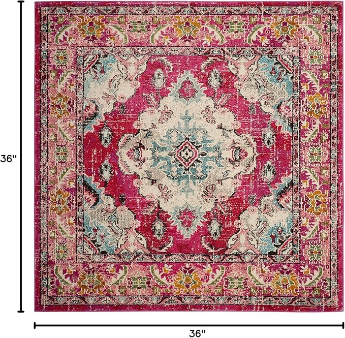 SAFAVIEH Monaco Collection Area Rug - 3' Square, Pink & Multi, Boho Chic Medallion Distressed Design, Non-Shedding & Easy Care, Ideal for High Traffic Areas in Living Room, Bedroom (MNC243D)