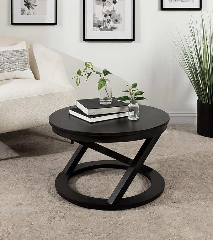 Kate and Laurel Aja Modern Round Wood Coffee Table; 26 Inch Diameter; Black; Decorative Contemporary Transitional Coffee Table for Hosting; Storage; and Display