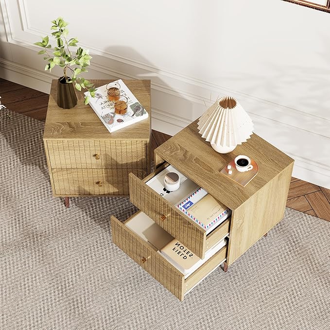 Wood Night Stand Set 2,Modern Bedside Table with Door and Open Storage Space,Fluted Nightstand and Wood End Side Table with Rose Gold Metal Legs and Handles for Bedroom,Living Room,Natural