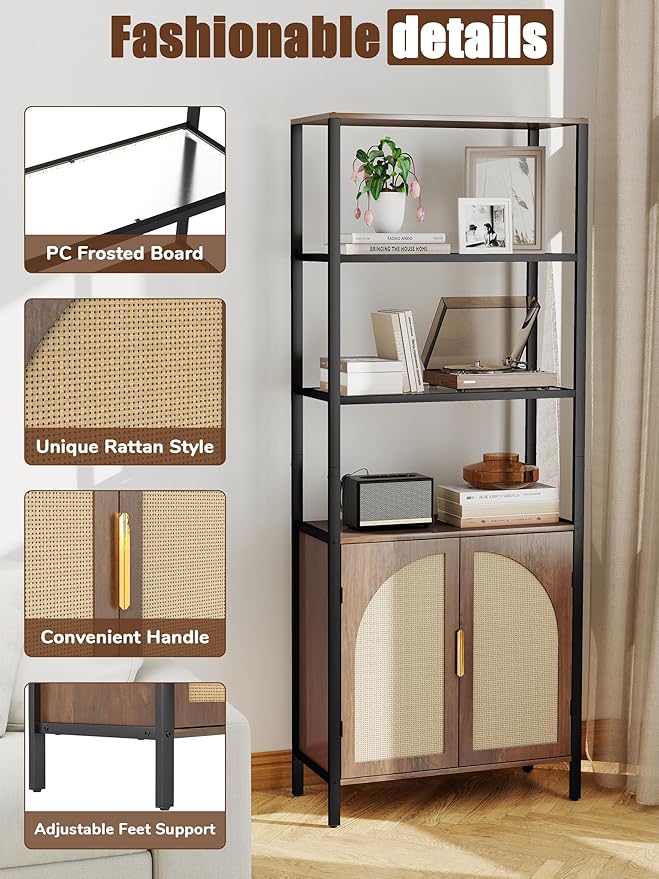 5 Tier Rattan Bookcase with Light 71" Tall Boho Bookshelf with Doors Large Bookcase with Adjustable Shelf Farmhouse Storage Cabinet Bookshelves for Living Room Bedroom Home Office Kitchen