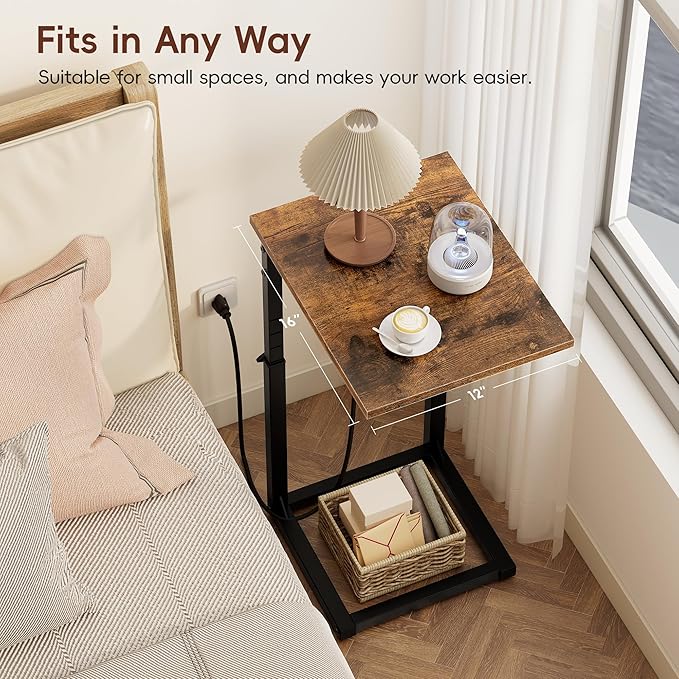 Vagusicc C Shaped End Table with Charging Station, 33" Tall Side Table for Couch, C Table Adjustable Height Small Couch Side Table, Slide Under Sofa Table TV Tray Table for Living Room, Bedroom, Brown