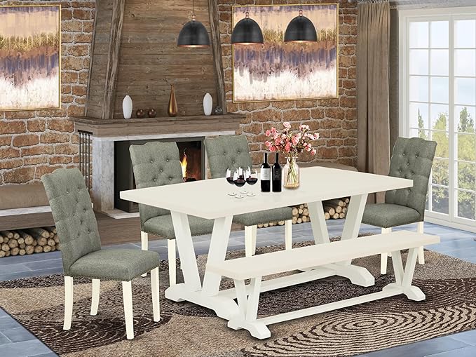 East West Furniture V027EL207-6 6 Piece Modern Dining Table Set Contains a Rectangle Wooden Table with V-Legs and 4 Gray Linen Fabric Parson Chairs with a Bench, 40x72 Inch, Multi-Color