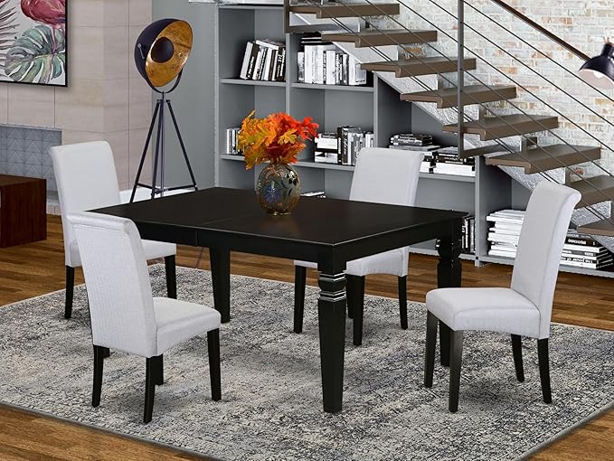 East West Furniture LGBA5-BLK-05 5 Piece Dinette Set Includes a Rectangle Dining Table with Butterfly Leaf and 4 Grey Linen Fabric Parson Dining Room Chairs, 42x84 Inch, Black