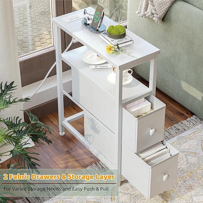 TIQLAB End Table with Charging Station, Narrow Side Table with 2 Fabric Drawers, Nightstand with LED Light, Slim Bedside Table for Bedroom, Living Room, Small Spaces, White