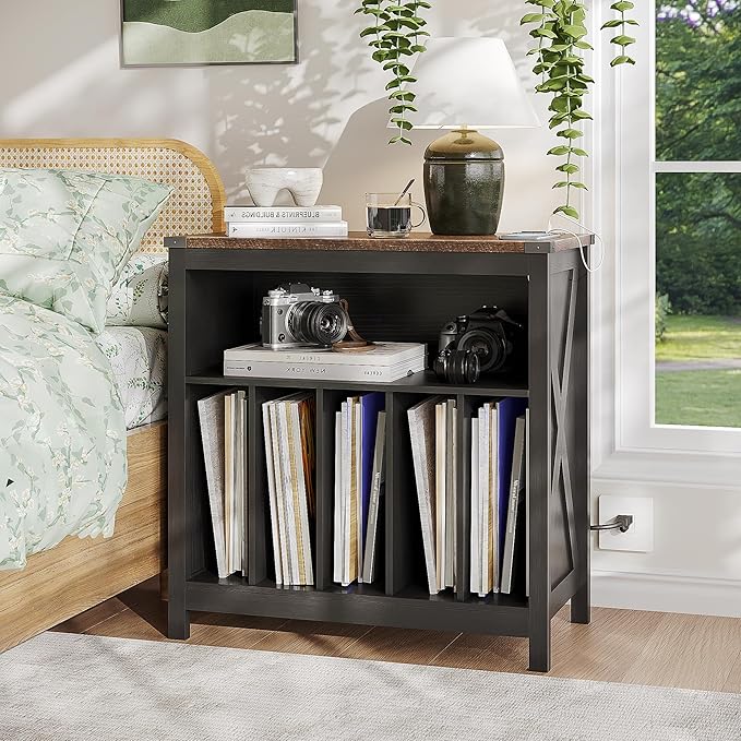 ChooChoo Large Record Player Stand with Charging Station & LED Light, Vinyl Record Holder hold up to 300 Albums, Farmhouse End Table for Bedroom, Living Room, Black