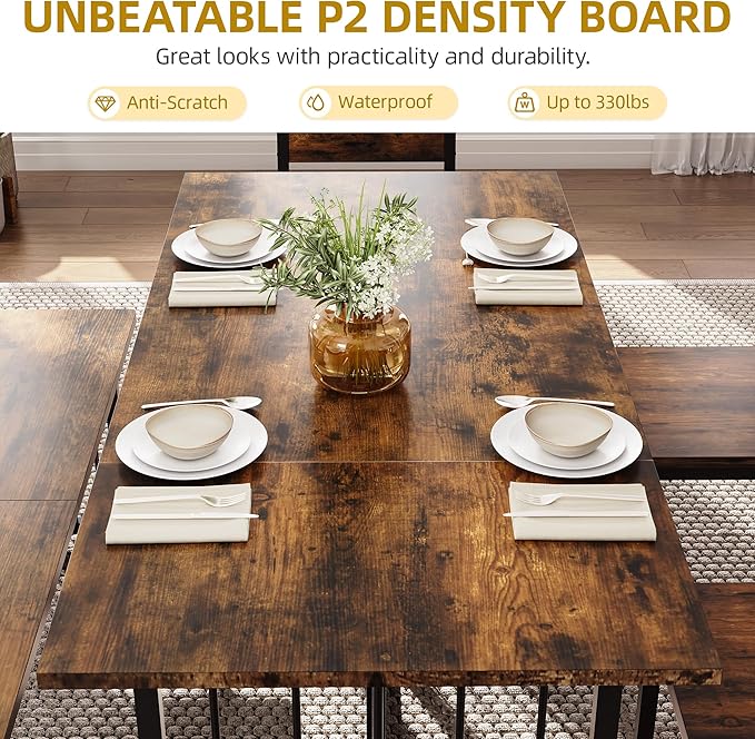 DWVO 63 Inch Dining Table Set for 6-8 People 6-Piece Large Kitchen Table Set with 2 Benches and 4 Chairs Farmhouse Rectangular Dining Room Table for Kitchen Dining Room Apartment Rustic Brown