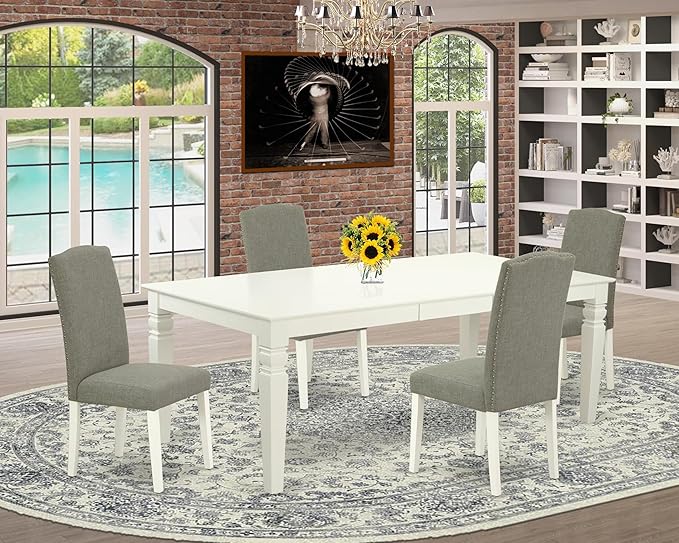 East West Furniture LGEN5-LWH-06 5 Piece Dining Set Includes a Rectangle Dining Room Table with Butterfly Leaf and 4 Dark Shitake Linen Fabric Upholstered Chairs, 42x84 Inch, Linen White