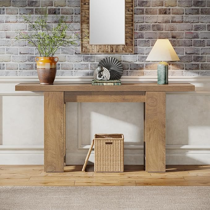 63-Inch Farmhouse Console Table, Narrow Long Sofa Table Behind Couch, Wooden Style Entry Console for Entryway, Foyer, Hallway, Living Room, Light Brown