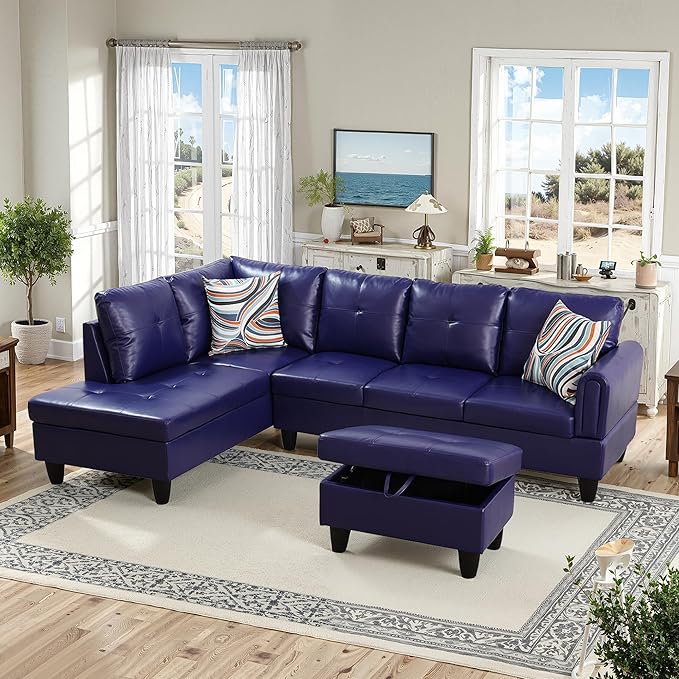 NicBex Sectional Couch 3 Pieces Sofa Set with Right Chaise Faux Leather L Shaped Cloud Couch for Living Room Furniture Sets with Storage Ottoman, Modular Sofa for Living Room & Apartment, Indigo