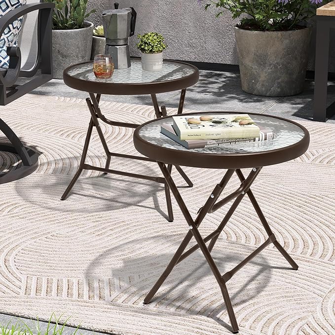 Foldable Patio Side Table Set of 2 with Tempered Glass Top 18" Folding Outdoor Side Tables Set of 2 Small Glass Patio End Tables for Porch Yard Balcony Deck Lawn Dining Garden (Brown)