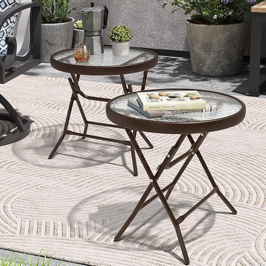Foldable Patio Side Table Set of 2 with Tempered Glass Top 18" Folding Outdoor Side Tables Set of 2 Small Glass Patio End Tables for Porch Yard Balcony Deck Lawn Dining Garden (Brown)