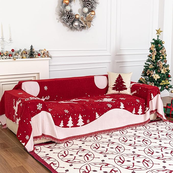 MYSKY HOME Christmas Couch Cover, Washable Pet Couch Covers for Sofa, Sectional Couch Covers L Shape Throw Sofa Slipcover, Soft Washable Sofa Covers for 2 Cushion, 71"x118", Red