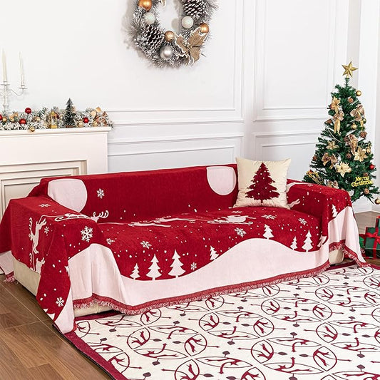 MYSKY HOME Christmas Chenille Sofa Slipcover Couch Covers for Sectional l Shaped Couch Pets Protector Furniture Covers Futon Cover Super Soft Washable Couch Covers for 2 Cushion, 71"x102", Red