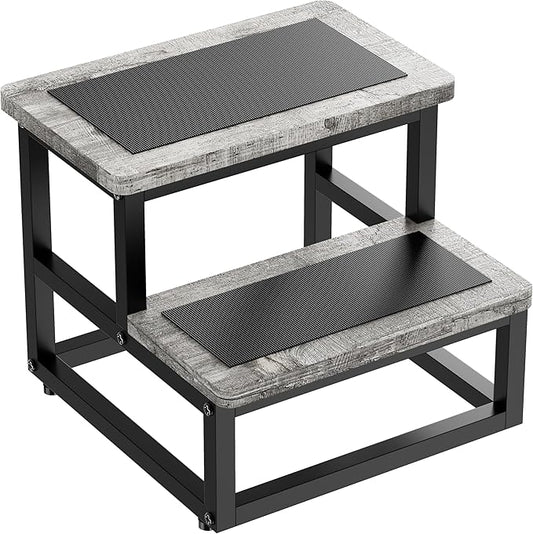 Step Stools for Kids Adults, Heavy Duty Stepping Stools Bed Steps for High Beds, Non-Slip Metal and Wooden 2 Steps Foot Stool for Bedside Kitchen, Round Corner, 500 Lbs Capacity, Gray Pattern