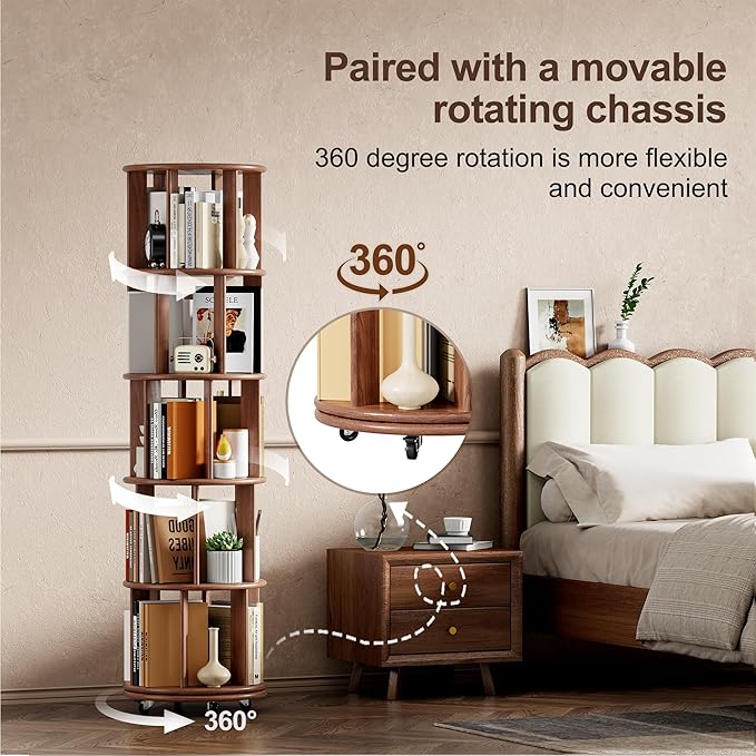 KEIKI 5 Tier Rotating Bookshelf on Wheels, Solid Wood Revolving Bookcase with Storage, 360° Spinning Tall Book Organizer for Small Space, Bedroom, Living Room, Walnut
