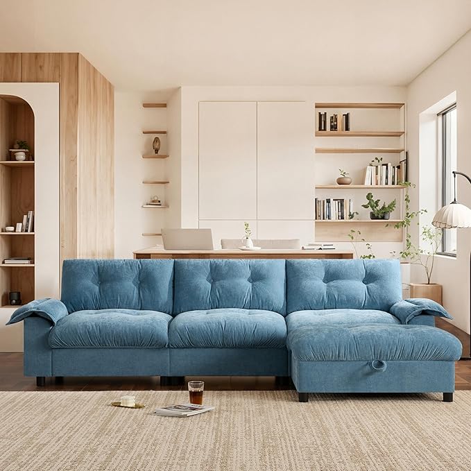 Mreax L-Shape Sectional Sofa with Movable Storage Ottoman and Multifunctional Armrest, 4 Seater Oversized Chenille Upholstered Cloud Couch for Living Room, Apartment, Unique Tufted Design, Light Blue