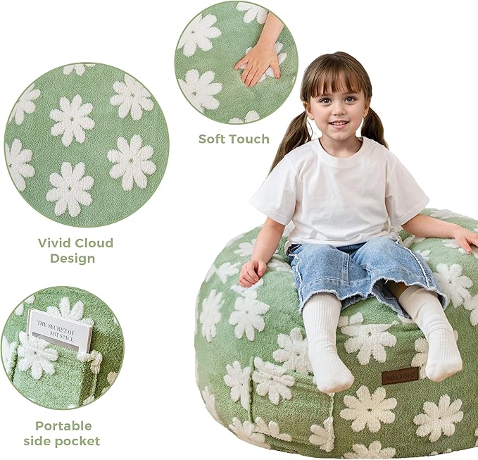 MAXYOYO Bean Bag Chair for Kids, Floral Pattern Lazy Chair with High-Density Foam Filling, Stuffed Floor Sofa Couch for Boys and Girls, Child Floor Sofa for Gaming, Reading, Green