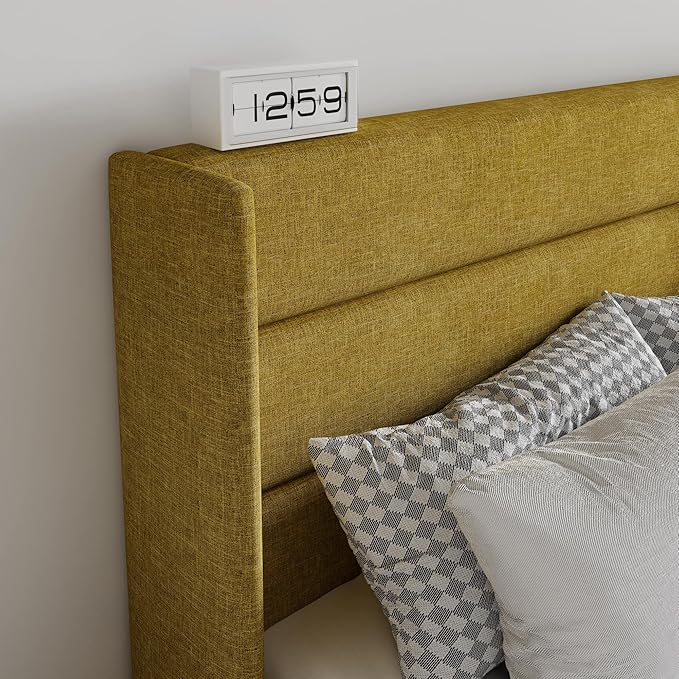 SHA CERLIN King Size Lift Up Storage Bed/Modern Wingback Headboard/Upholstered Platform Bed Frame/Hydraulic Storage/No Box Spring Needed/Wood Slats Support/Olive Yellow
