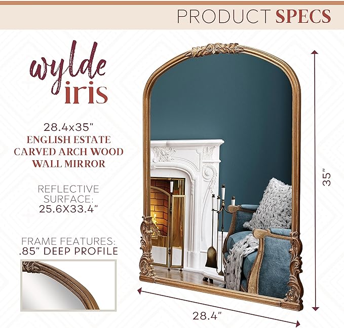 English Estate Carved Arch Wood Wall Mirror, Mirror for Entryway, Living Room, Bathroom, Antique Gold, 28.4x35