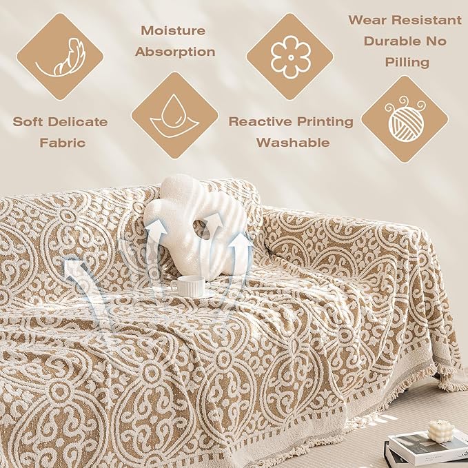 STACYPIK Modern Khaki Jacquard Couch Cover French Style L-Shape Sofa Protector for 3-Cushion Couch, Washable, Stain Resistant, 71x150IN