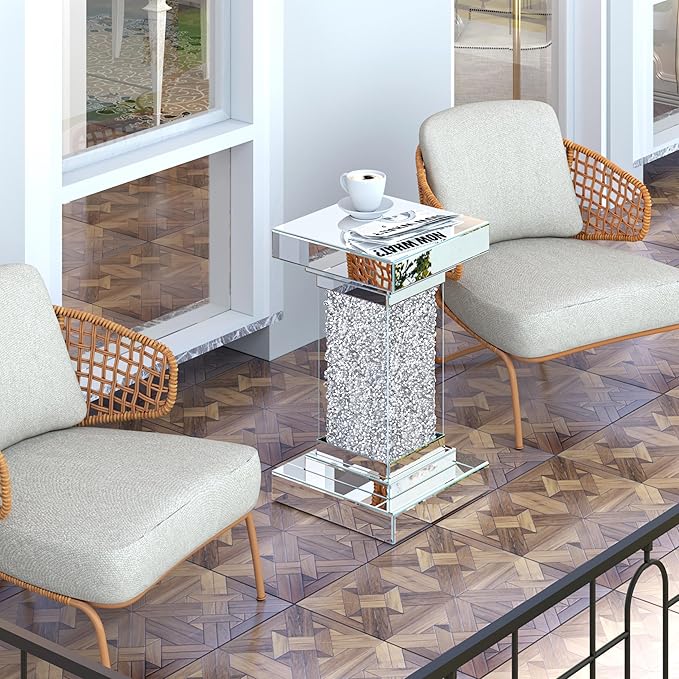 ENENE Mirrored End Table Crushed Diamond Coffee Table for Living Room Small Spaces Side Table for Bedroom Office Hallway Entryway