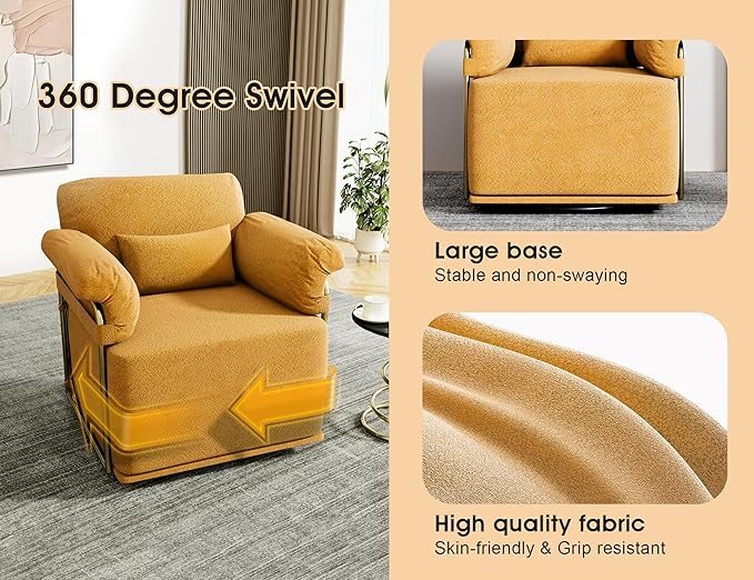 KEIKI Modern Comfy Swivel Accent Reading Chair with Waist Pillows, 360°Square Upholstered Barrel Armchair Single Club Lounge Sofa Chairs for Living Room,Bedroom,Office,Orange