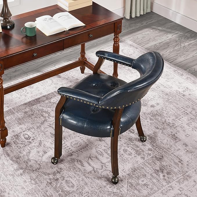 LEEMTORIG Large Dining Chairs with Casters and Arms, Rolling Dining Chairs with Wheels, Solid Wood Boss Caption's Chairs Office Desk Chairs, 26" D x 25.2" W, Espresso Legs & Dark Blue PU SY-318-LB