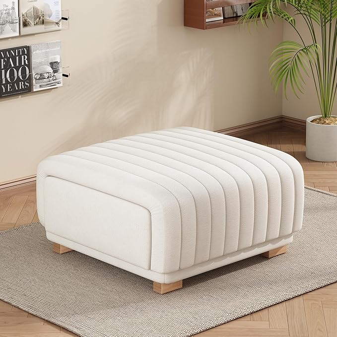 Christopher Knight Home Reyno Upholstered Ottoman with Storage for Living Room, Chenille Fabric Storage Ottoman Foot Rest with Side Drawers, Modern Square Coffee Table with Wooden Frame, Light Beige