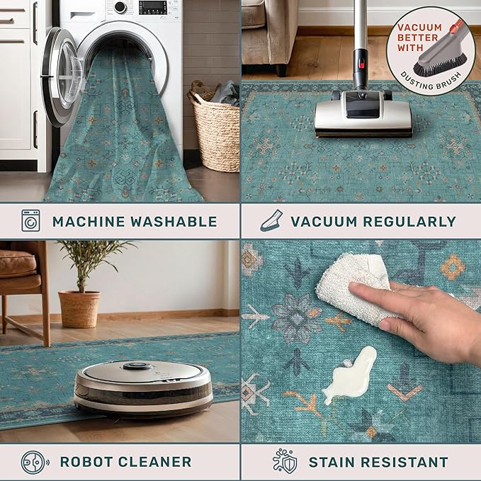 Boho 2x6 Non Slip Kitchen Rug Runner - Teal Washable Rug for Bathroom, Laundry Room, Hallway, Non Slip with Rubber Backing, Floral Aqua Blue Unique Runner Décor