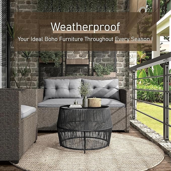 Muse & Lounge Co. Ysar Boho Rattan Round Coffee Table Outdoor with Metal Frame, All-Weather and Rust Resistant, Handcrafted Coastal Furniture for Patio, Poolside, Garden, Yard, Black