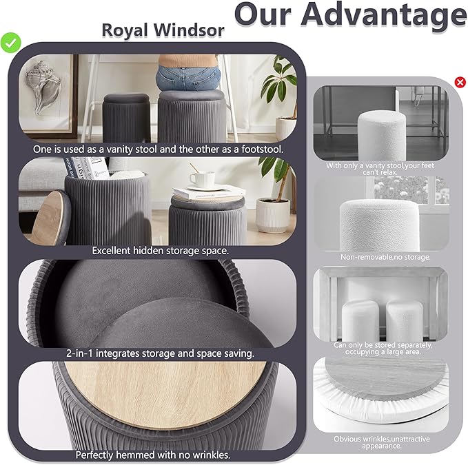 Royal Windsor Round Ottoman with Storage Set of 2,Vanity Stool with Storage for Bedroom, Ottoman Coffee Table,Small Velvet Foot Stool for Living Room,Grey
