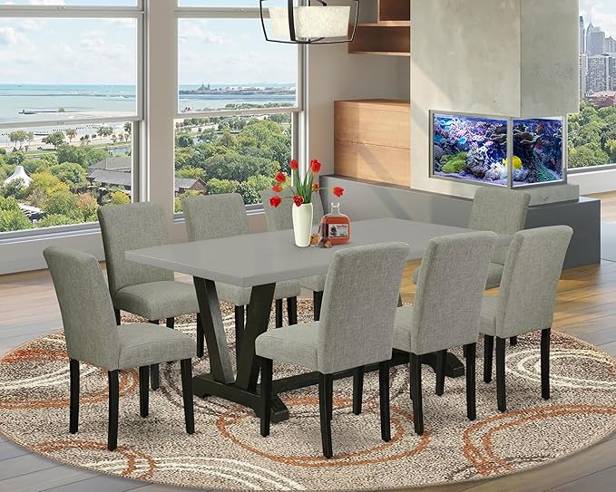 East West Furniture V697AB106-9 9 Piece Dining Room Table Set Includes a Rectangle Kitchen Table with V-Legs and 8 Shitake Linen Fabric Parson Dining Chairs, 40x72 Inch, Multi-Color