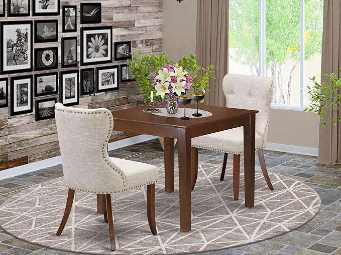 East West Furniture OXSI3-MAH-35 3 Piece Dining Room Furniture Set Contains a Square Dining Table and 2 Doeskin Linen Fabric Upholstered Chairs, 36x36 Inch, Mahogany