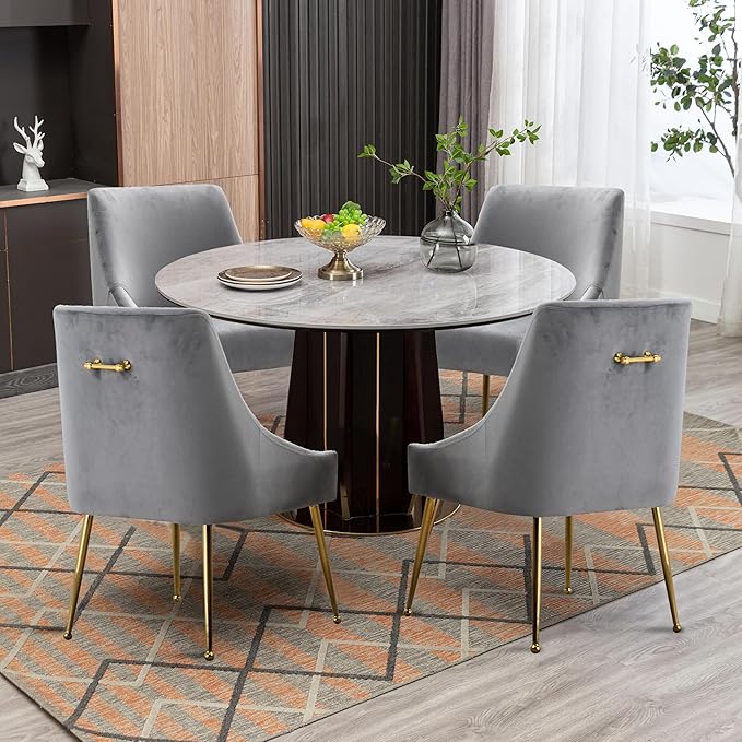 Modern Velvet Dining Chairs Set of 2, Contemporary Upholstered Furniture Collection with Polished Gold Metal Legs, Elegant Accent Chairs for Kitchen Living Room(Grey)