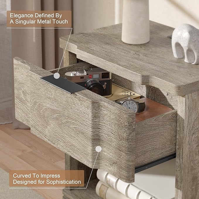 Night Stand with Charging Station, Wooden Mid Century Modern Nightstand with Drawer, Bed Side Table with Storage, Large Rustic Farmhouse End Tables for Bedroom Living Room Office