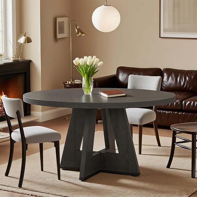 47" Round Dining Table for 4-6, Modern Dinner Table Farmhouse Round Small Kitchen Tables with Wooden Cross Base for Dining Room, Kitchen, Living Room, Black