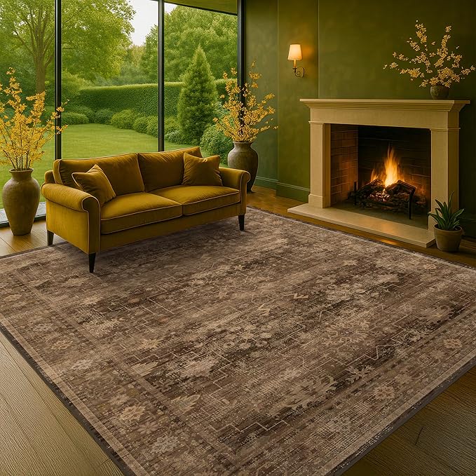 Brown 9x12 Living Room Rug - Vintage Western Eclectic Unique Neutral Taupe, Washable Low Pile Non-Slip Large Area Rugs for Dining Under Table Bedroom Under Bed