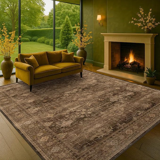 Boho Brown Living Room Rug 6x8 - Modern Vintage Traditional Oriental Taupe Neutral, Washable Low Pile Non-Slip Extra Large Area Rugs for Dining Under Table Bedroom Lounge