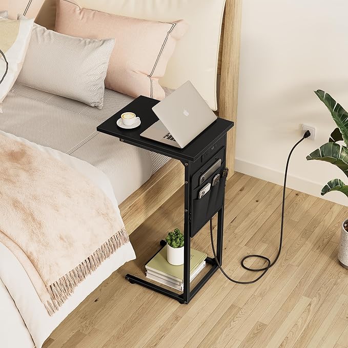 Vagusicc C Shaped End Table with Charging Station, Small Side Table for Couch, Couch Side Tables Recliner Desk, Slide Under Sofa Table TV Tray Arm C Tables for Living Room, Bedroom, Bedside, Black