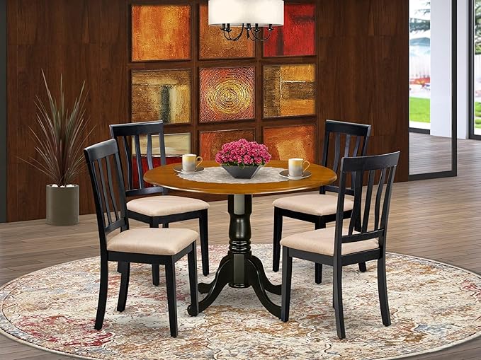 East West Furniture DLAN5-BCH-C 5 Piece Dining Table Set for 4 Includes a Round Kitchen Table with Dropleaf and 4 Linen Fabric Kitchen Dining Chairs, 42x42 Inch, Black & Cherry