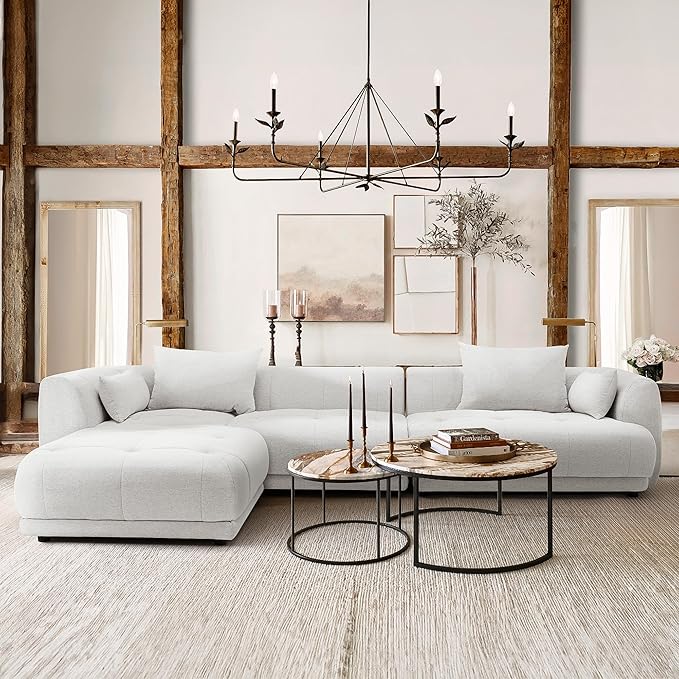 COLAMY 144" Modular Sectional Chenille Couch with Ottoman, Cloud Sectional Sofa Set with Ottoman,for Living Room(Beige)