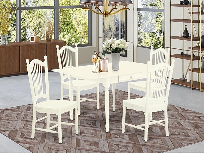 East West Furniture MZDO5-LWH-W 5 Piece Kitchen Table & Chairs Set Includes a Rectangle Dining Room Table with Dropleaf and 4 Dining Chairs, 36x54 Inch, Linen White
