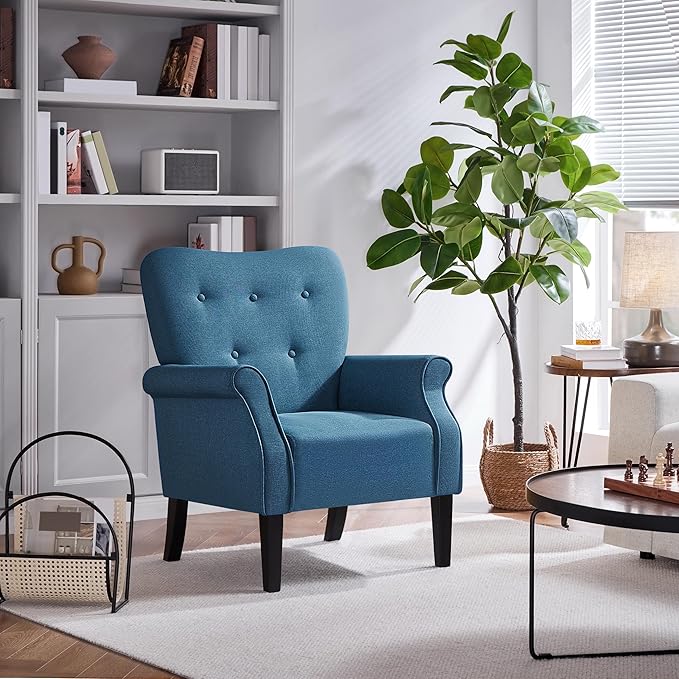 Yaheetech Modern Armchair, Mid Century Accent Chair with Sturdy Wood Legs and High Back for Small Space, Upholstered Fabric Sofa Club Chair for Living Room/Bedroom/Office, Navy Blue
