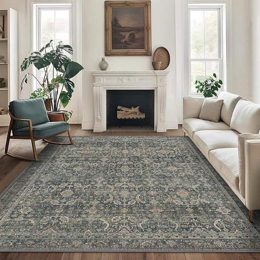 5X7 Area Rugs Machine Washable Rugs for Living Room, Vintage Boho Large Rugs for Bedroom Dining Room, Non Slip Indoor Soft Distressed Lightweight Thin Low Pile Carpet, Deep