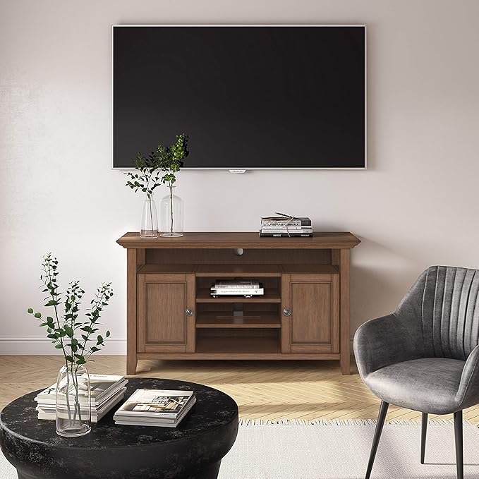 SIMPLIHOME Amherst 54-inch Wide Solid Wood TV Stand in Rustic Natural Aged Brown, Transitional-Style Media Console for Living Room with Adjustable Shelves and Cable Management