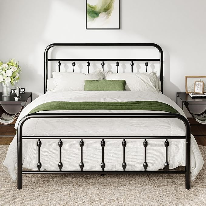 Allewie 14 Inches Full Size Metal Platform Bed Frame with Victorian Style Iron-Art Headboard/Footboard, Mattress Foundation, Easy Assembly, Under Bed Storage, No Box Spring Required, Black
