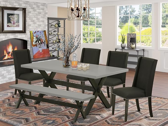 East West Furniture X697FL624-6 6 Piece Dinette Set Contains a Rectangle Dining Table with X-Legs and 4 Black Linen Fabric Parson Chairs with a Bench, 40x72 Inch, Multi-Color