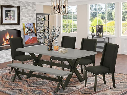 East West Furniture X697FL624-6 6 Piece Dinette Set Contains a Rectangle Dining Table with X-Legs and 4 Black Linen Fabric Parson Chairs with a Bench, 40x72 Inch, Multi-Color